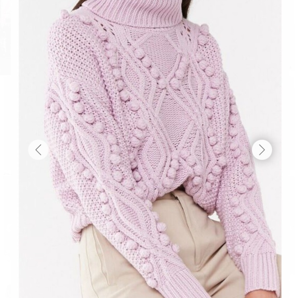 Turtleneck Cable-Knit Pom Pom Sweater